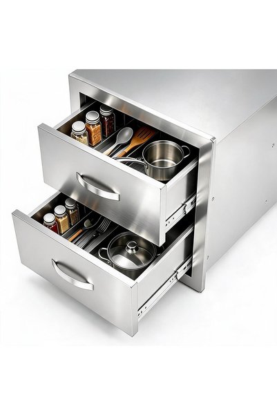 304 Stainless Steel Outdoor Kitchen Drawer, Flush Mount Built-in BBQ Drawer with Ventilation Panel for Grill Island Patio Cabinet
