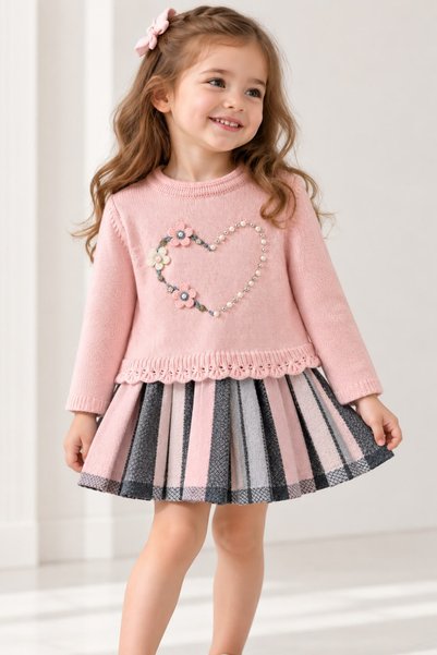 miss topkids Kız Çocuk Bebek Pembe Triko Ekose Etekli Şık Elbise