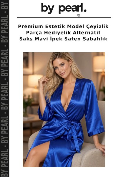 By Pearl Premium Estetik Model Çeyizlik Parça Hediyelik Alternatif Saks Mavi İpek Saten Sabahlık
