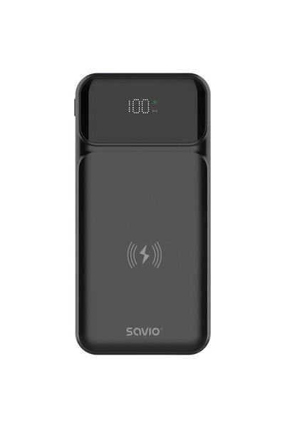 Savio external battery, 10000 mAh, Wireless Charging, 20W, Black, 2 x USB output