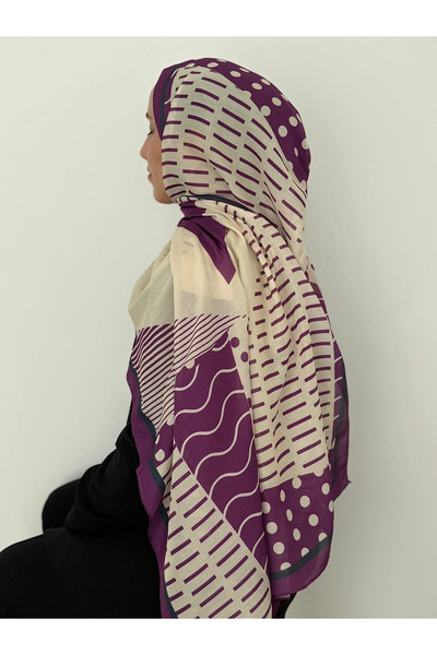 Hepsi Moda Mixed Geometric Pattern Soft Shawl - Purple & Ecru