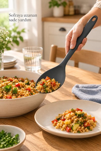 Tilbe Home 4lü Silikon Mutfak Servis Seti Kaşık Spatula Maşa Yemek Pişirme Karıştırma Hazırlık Gereçleri Gri