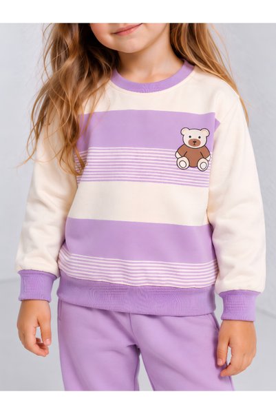 MİLANO KİDS Girl's Teddy Bear Printed Striped 100% Cotton Seasonal Sweatshirt and Sweatpants 2-Piece Set
