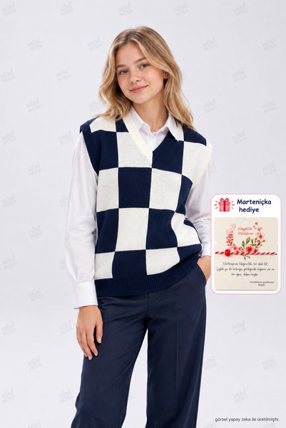 Minimoda Kids Kız Çocuk Lacivert Ekru Dama Desenli V Yaka Triko Süveter