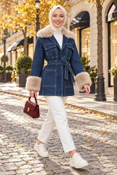 Hb Harma Time Butik Women's Belted Pocketed Fur Detailed Dark Blue Denim Jacket