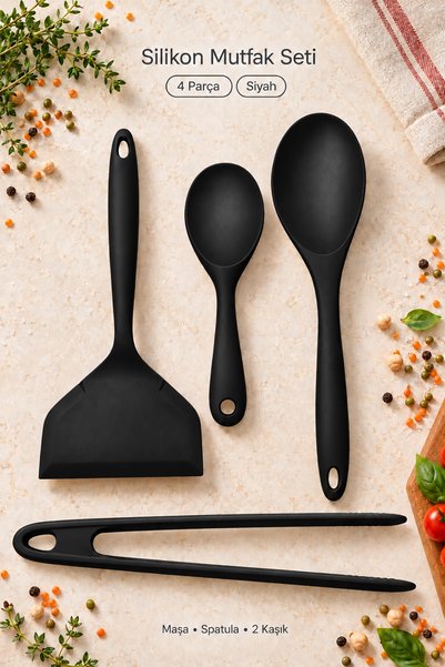 Tilbe Home 4lü Silikon Mutfak Servis Seti Kaşık Spatula Maşa Yemek Pişirme Karıştırma Hazırlık Gereçleri Siyah