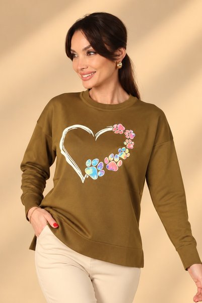 By Saygı Women's Colorful Paw Print Heart Pattern Long Sleeve Blouse