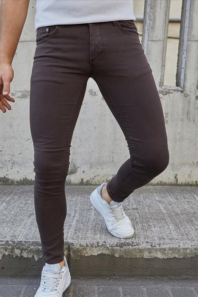MODAMESTO Pantaloni maro din Lycra pentru bărbați, croială slim, picior îngus...