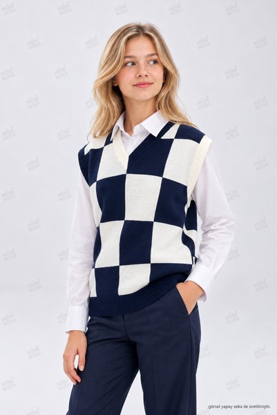 Minimoda Kids Kız Çocuk Lacivert Ekru Dama Desenli V Yaka Triko Süveter