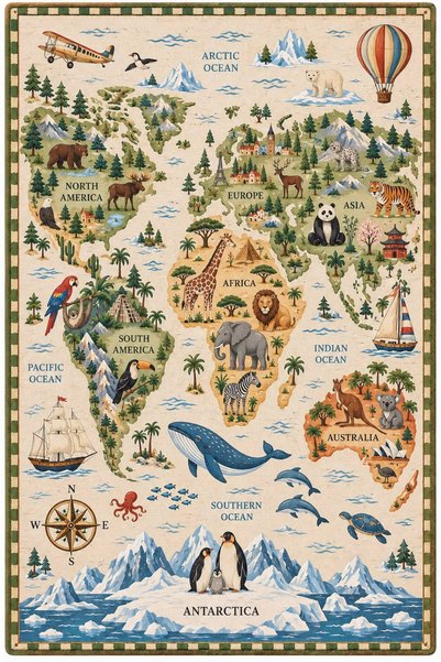 Rugs Modern Halı Eta Animal Figured World Map Pattern Woven Base Carpet Eta4387