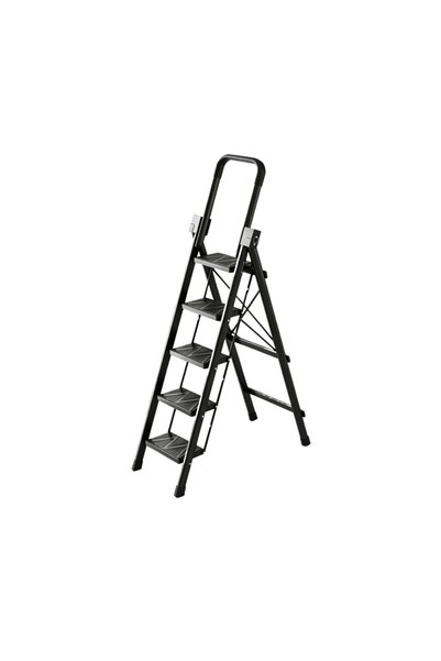 BESTONE 5‑Step Folding Step Ladder, Black Collapsible Household Ladder, Widen...