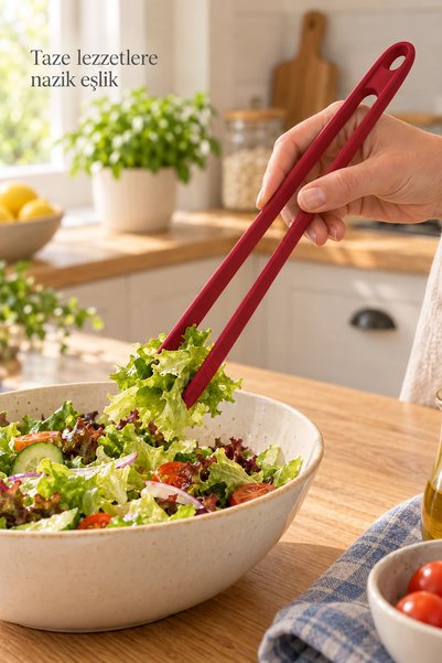 Tilbe Home 4lü Silikon Mutfak Servis Seti Kaşık Spatula Maşa Yemek Pişirme Karıştırma Hazırlık Gereçleri Kırmız