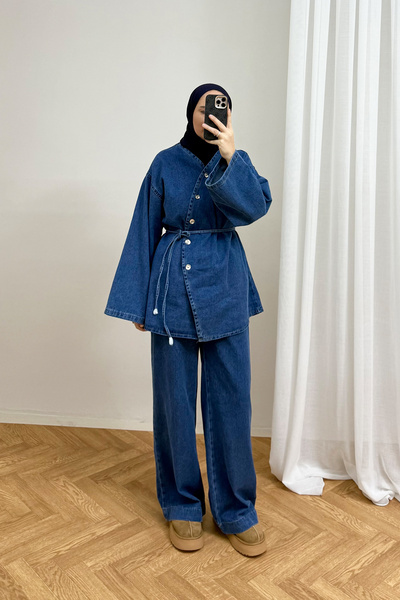 Melike Tatar Düğmeli Denim Takım 4-62809