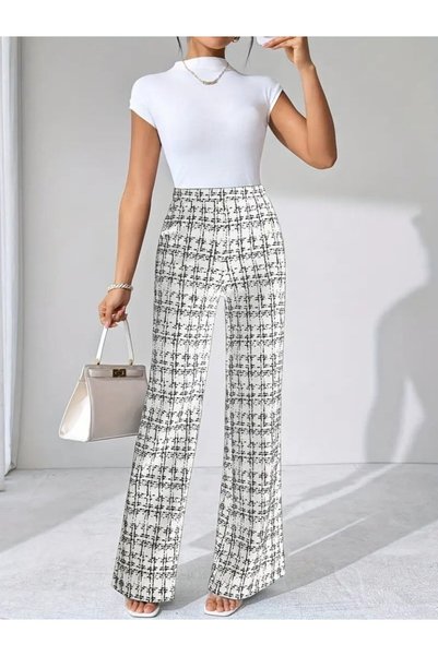 DRESSIFY WOMEN’S FASHION Kadın Yüksek Bel Paçaya Doğru Geniş Dokuma Pantolon