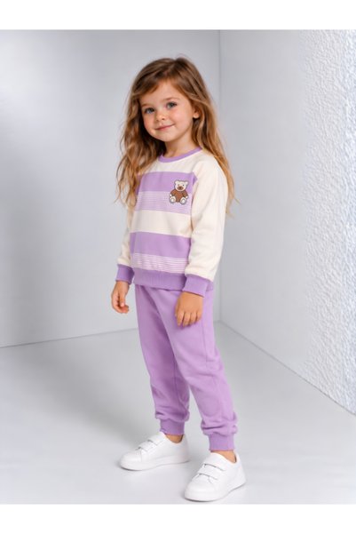 MİLANO KİDS Girl's Teddy Bear Printed Striped 100% Cotton Seasonal Sweatshirt and Sweatpants 2-Piece Set