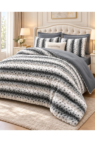 elegant home pucioasa Rabbit fur look duvet set with Stretchy 6 pieces SIPP01
