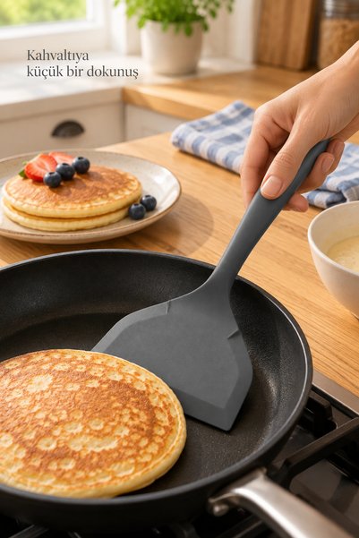 Tilbe Home 4lü Silikon Mutfak Servis Seti Kaşık Spatula Maşa Yemek Pişirme Karıştırma Hazırlık Gereçleri Gri