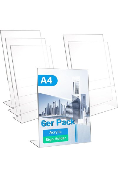 Slasa Pack of 6 Sign Holders A4 Acrylic L Stand Table Stand Transparent A4 Ta...