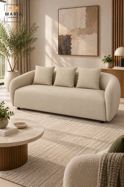 MARIA HOMES أريكة حديثة بثلاثة مقاعد |   أريكة مكسوة بالقماش بلون كريمي بيج م...