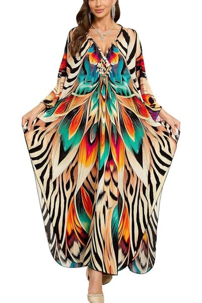YouKD Summer Long Kaftan Dress Bohemian Roomy Beach Robe Cover Up Plus Size D...