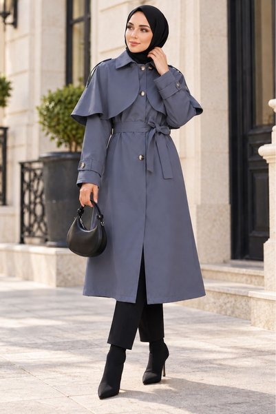 Dipmoda Women's Anthracite Cape Detailed Belted Buttoned Long Trench Coat Dpf...