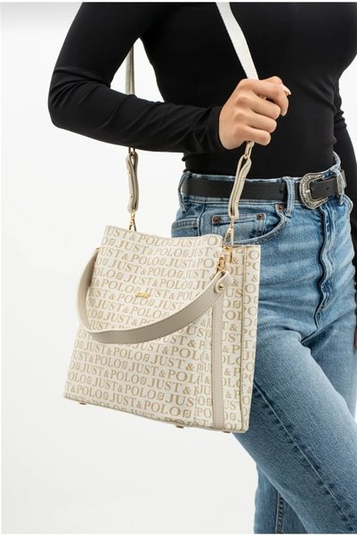 Just Polo Cream Original Women's Printed Large Size Hand and Shoulder Bag