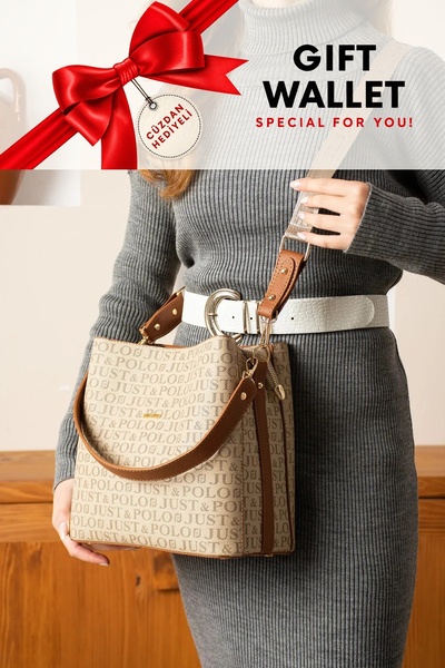 Just Polo Original Women's Printed Large Size Hand and Shoulder Bag with Mink...