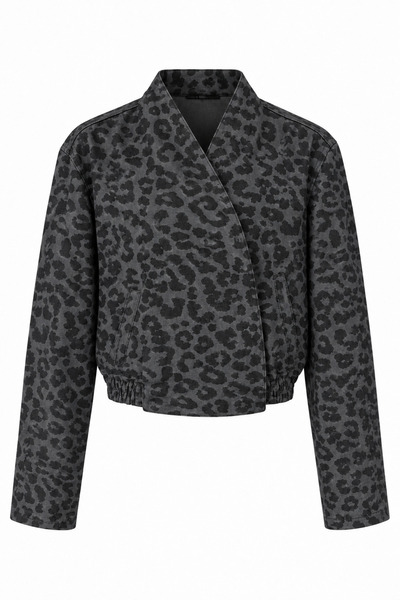 HAZELANNA Füme Leopar Desen Kruvaze Denim Ceket