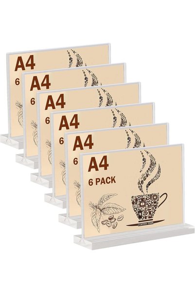 Slasa A4 Table Stands, Pack of 6, Acrylic T-Shape Menu Card Holder
