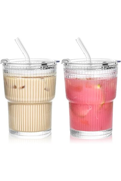 KASTWAVE 2 Pack Glass Cups with Lid and Straw, Leakproof Iced Coffee Tumblers, Bamboo Texture Design