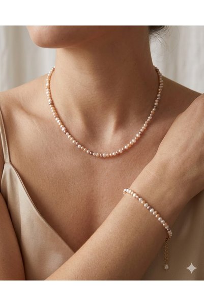 eyla collection Minimal Renkli Gerçek İnci Set - Kolye & Bileklik