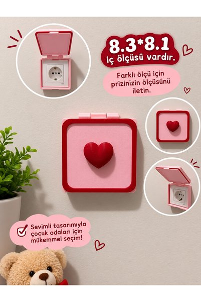 3dvectory Kalp Figürlü Dekoratif Priz Koruma Kapağı – Pembe Kırmızı Kalpli Ka...