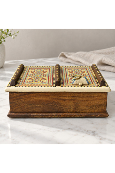 Crafted by Lifestyle صندوق تخزين من خشب المانجو مع غطاء مزين بفسيفساء عاجية
