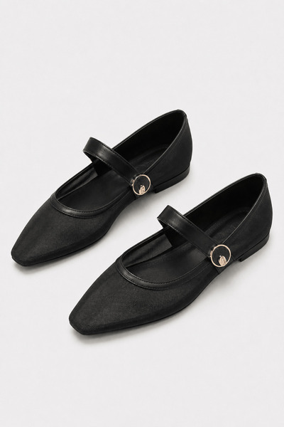 Hepsi Moda Pointed Toe Mesh Ballerinas - 027 - 412 - Black