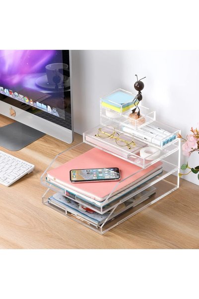Slasa 2-Pack Clear Acrylic Stackable Paper Trays Desk File Organizer A4 Lette...