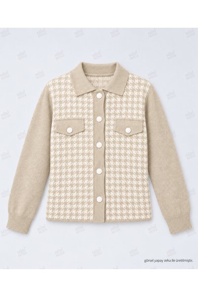 Minimoda Kids Kız Çocuk Kazayağı Desenli Gömlek Yaka Düğmeli Triko Hırka