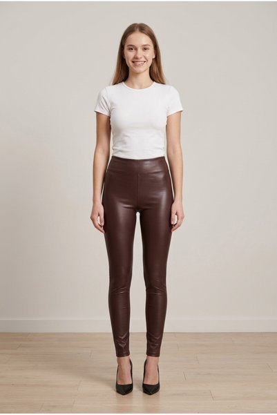 OEM Pantaloni dama eleganti conici din piele ecologica cu talie inalta si ban...