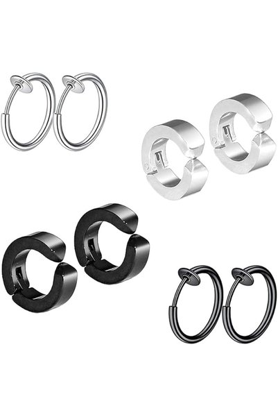 OriTi 4 Pairs Non-Piercing Earrings Stainless Steel Huggie and Tiny Hoop Earr...