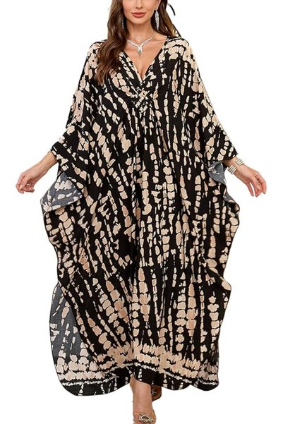 YouKD Summer Long Kaftan Dress Bohemian Roomy Beach Robe Cover Up Plus Size D...