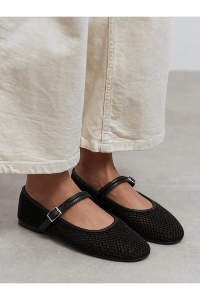 Hepsi Moda Silver Belted Mesh Ballerinas - Aly - Black