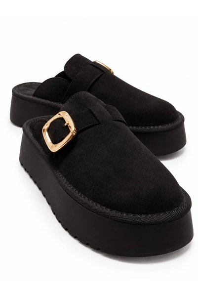 Lizy Shoes Γυναικείες μαύρες σουέτ παντόφλες με σφήνα σόλα και αγκράφα, ύψους...