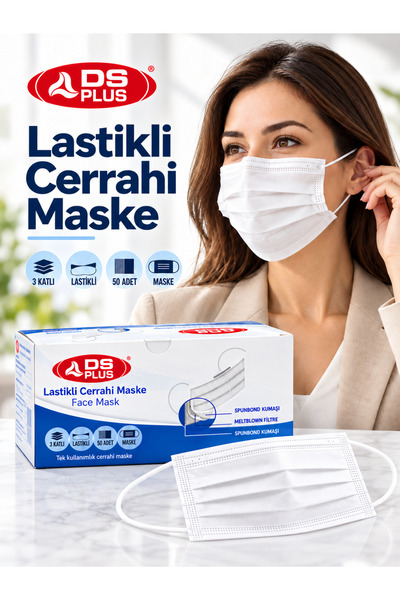 DS PLUS 3 Katlı Lastikli Cerrahi Maske Beyaz 50 Adet – Meltblown Filtreli, Te...