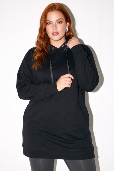 Shape Of You Büyük Beden Kadın Kapüşonlu Kuşgözü Detaylı Uzun Sweatshirt