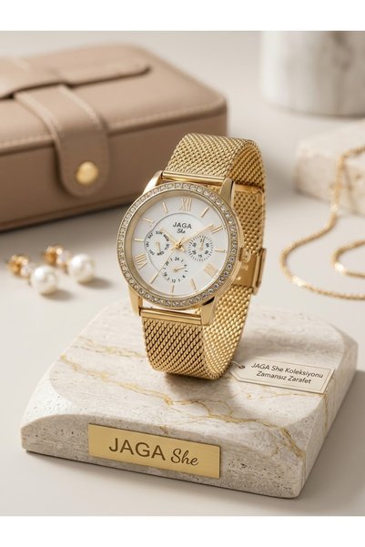 Jaga She Gold Color Roman Numeral Stone Dial Steel Mesh Women's Watch Suggest...