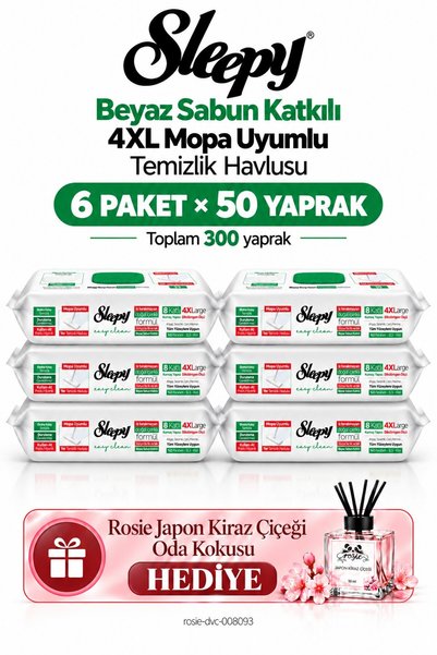 Sleepy Beyaz Sabun Katkılı 4XL Mopa Uyumlu Havlu 6'lı Mega Set 50 Yaprak - Rosie Oda Kokusu Hediyeli