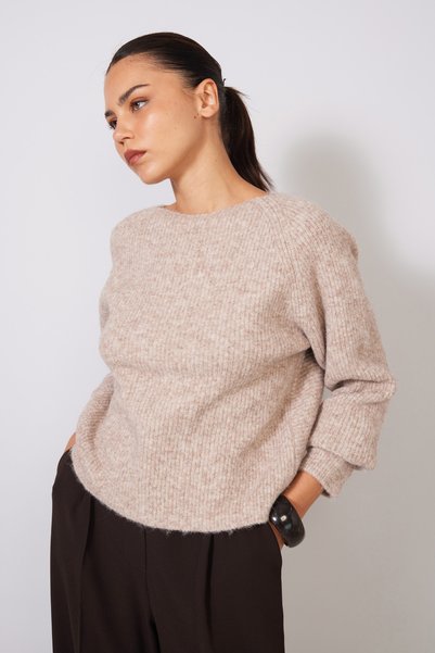 Nisan Back Knot Detail Brief Neck Tricot Sweater Stone