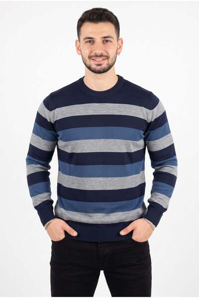 Teenage Millionaire Men's Stripe Detailed Navy Blue Gray Crew Neck Standard R...