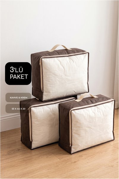 Vedsey Home Organizer 3'lü Set 53 x 44 x 21 Cm Baza Altı & Dolap İçi Organizer, Yorgan & Yastık Düzenleyici Hurç Kahve Krem