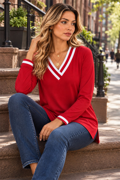 moda wanilia Women's Long Sleeve V-Neck Stripe Detailed Viscose Blouse Soft T...