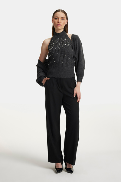 Cmc Tekstil Women's Anthracite Stone Embroidered Halter Neck Knitwear Blouse Cardigan Double Set
